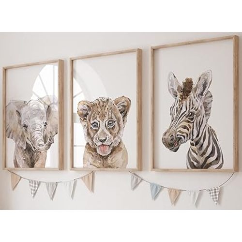 Safari Animals Set of 3 Baby Girl or Boy Nursery Unframed Prints, Bedroom Decor Wall Art Posters, Elephant Lion Zebra in Watercolor Style Prints (12x16)
