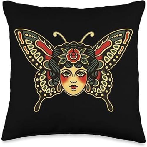 Vintage Butterfly Lady Traditional Tattoo Throw Pillow