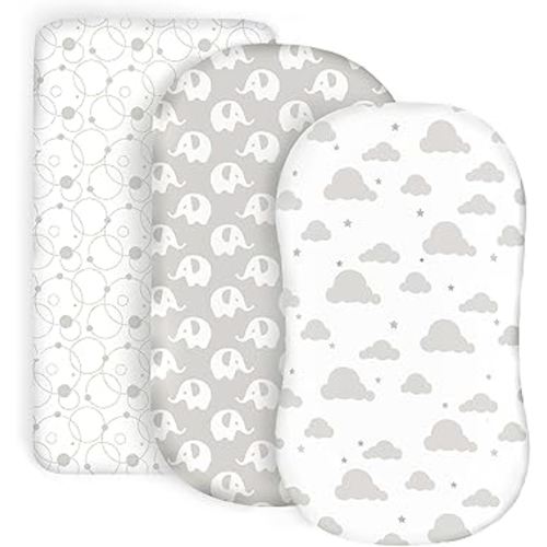 100% Organic Cotton Fitted Bassinet Sheets Perfectly Compatible with Halo, Snoo, Graco, and All Other Standard Size Bassinets. 3 Pk Adapts to Oval, Hourglass & Rectangle Shaped Bassinet Pads. Grey