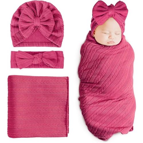 DRESHOW BQUBO Newborn Receiving Blanket Toddler Warm for Girls with Bow Hat and Bow Headband Shower Gift
