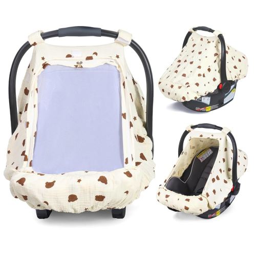 Orzbow Cotton Baby Car Seat Cover, Breathable Car Seat Canopy for Girls Boys with Mesh Window, Lightweight Baby Carrier Cover for Wind, Dust, Sun and Insects Protection, Universal Fit, Beige