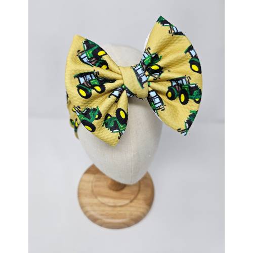 Farm Tractor Knit Hair Bow - Headwrap - Clip - Pigtail Bows - Headband - Green - Yellow - Farming - Crops - Birthday - Theme - Birthday