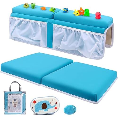 Bath Kneeler and Elbow Rest Set Thick Baby Bath Kneeling Pad Bathing Kneeling Mat Cushion Washable Padded Bathtub Knee Saver with Arm Support and Pockets Organizer for Bathroom Bathtime Comfort, Blue