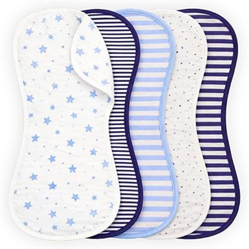 Tom Tom's Kids + Baby Organic Baby Burp Cloths 5 Pack - GOTS Certified Organic Cotton, Contoured Figure-8 Design, Extra Absorbent, 22x11 in, Newborn Burp Rags for Baby Boys, Navy and French Blue