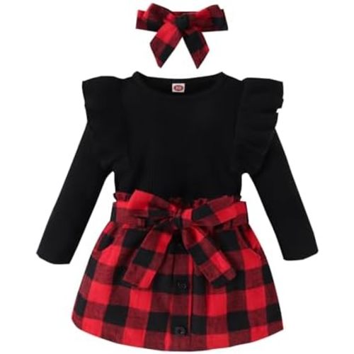 fhutpw Baby Toddler Girl Outfits Fall Winter Clothes Turtleneck Knitted Cotton Long Sleeves Tops & Button Mini Skirts Set