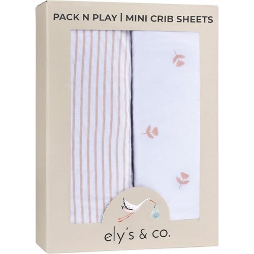 Ely’s & Co. Pack and Play Sheets, for Mini/Portable Crib, 2 Pack Fitted Playpen Play Yard Sheet Set Compatible with Graco Pack n Play, for Baby Girls, 100% Cotton, Pink Tulips and Stripes, 38”x24”x5”