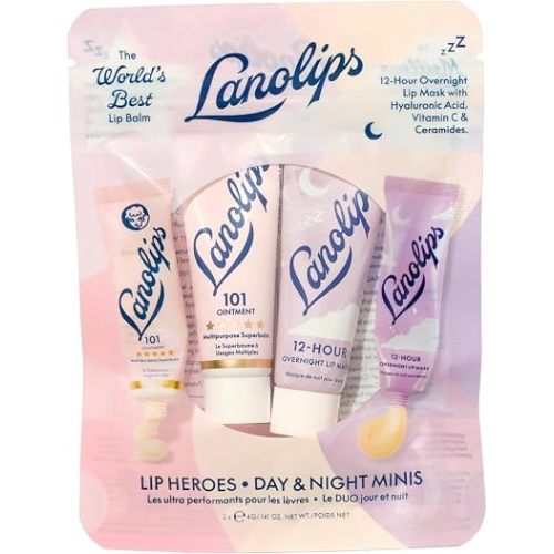 Lanolips 101 Lanolin Lip Balm & Overnight Lip Mask Duo - Mini Heroes Kit for Complete Day to Night Care - Deeply Hydrating Moisturizer Set with Pure Lanolin Oil (2 Count)