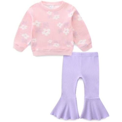 Toddler Baby Girl Clothes Long Sleeve Crewneck Sweatshirt with Bell Bottom Pants Spring Fall Winter Outfits