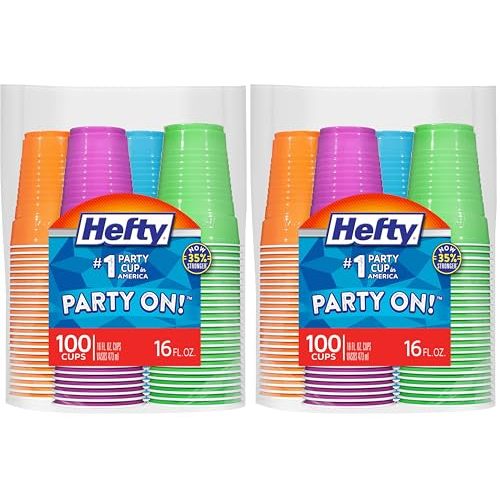 Hefty Plastic Cups, 16 Ounce, Disposable | 100 Count | Pack of 2 | Party | Assorted