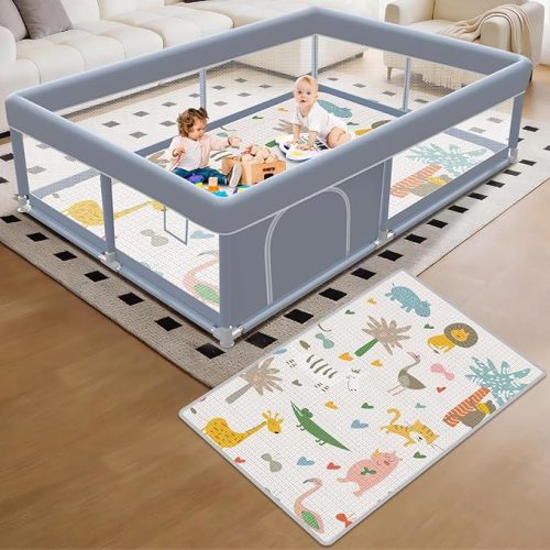 XVISHX 65 x 50 Inch Baby Playpen with Mat, Playpen for Babies and Toddlers, Baby Play Pen Playard for Indoor & Outdoor Active Center Game Fence, Skin-Friendly Fabric and Soft Breathable Mesh, Grey
