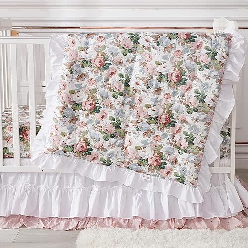 Brandream French Country Garden Floral Crib Bedding Sets for Girls Baby Nursery Bedding Set 3 Piece Ruffled Baby Quilt, Crib Sheet, Crib Skirt - White Blush Pink Green
