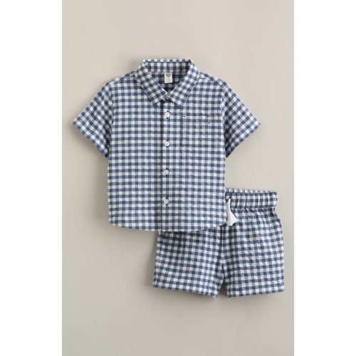 Seersucker Short Sleeve Button-Up Shirt & Drawstring Shorts Set, 9M