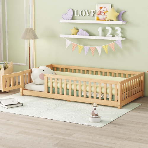 DreamBuck Twin Size Floor Bed with Door and Fence for Montessori Floor Bed with Slats and Safety Guardrails, Wood Floor Bed Frame, Twin Bed Frame for Girls, Boys, No Box Spring Needed