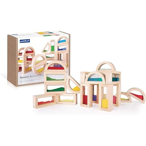 Guidecraft Sensory Rainbow Blocks - 18 pc. Set: 6 Shimmering Water, 6 Sand and 6 Crystal Bead Blocks, Construction Building Toy Set for Kids - Stacking Blocks