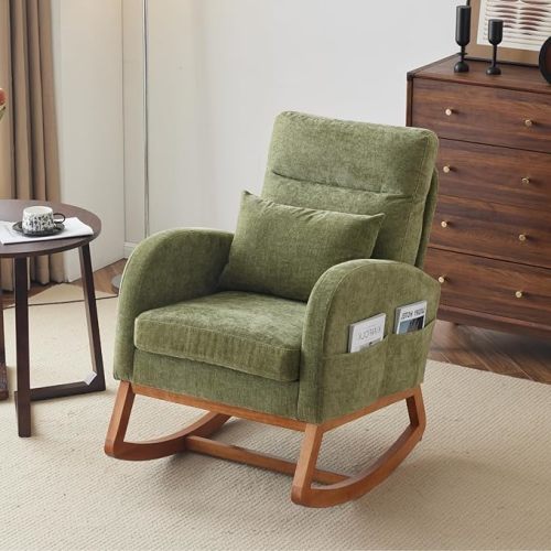 VINGLI Olive Chenille Rocking Chair Nursery with Thick Headrest, Upholstered Mid-Century Modern Nursing Rocker Glider with Curved Armrest, Sturdy Solid Wood Base for Living Room, Bedroom, Baby Room