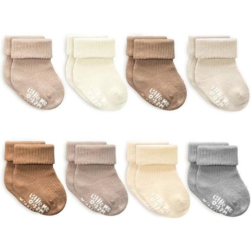 Little Me Baby Socks 16 Pairs | 61% Organic Cotton | Sizes 0-12M & 12-24M | Seamless Toe & Anti-Slip Gripper Sole (Natural Linen)