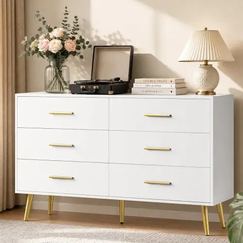 LYNSOM 47" White Dresser for Bedroom with 6 Drawers & Modern Gold Handles
