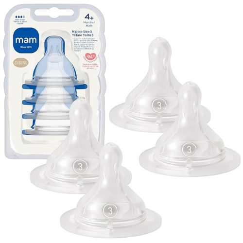 MAM Baby Bottle Nipples Fast Flow Size 3, for 4+ Month Babies, Skin Soft BPA Free Silicone, 94% Nipple Acceptance, Fits All MAM Bottles, Developed with Medical Experts, 4 Pack, Made in Europe