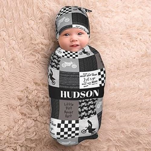 Personalized Baby Swaddle Blanket with Hat – Personalized Name Receiving Blanket Set for Newborn Boys – Soft Infant Gift Wrap (Motocross)