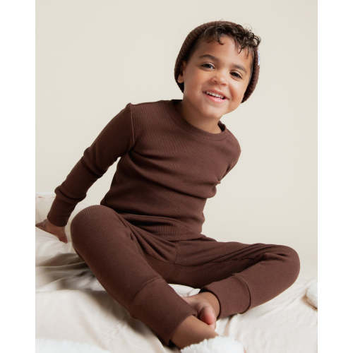 Kids Solid Brown Bamboo Ribbed Long Sleeve Pajama Set | Mocha Me Happy