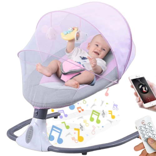 HENG Co. Electric Baby Swing and Rocker, Infant Bouncer Chair Featuring 12 Lullabies, Bluetooth Connectivity, Multiple Speed Settings, 4 Timer Modes, Unisex Design, Pink.