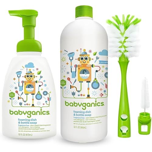 LuxProdX Baby ganics 16 Ounce Dish Dazzler Foaming Dish and Bottle Soap with Refill Kit BUNDLED with Two (2) Bottle Brushes BONUS