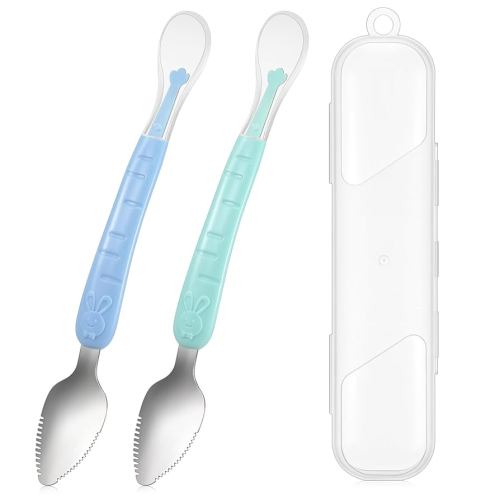 Lallisa 2 Pcs Double Head Baby Silicone Food Spoon Baby Fruit Scraping Mud Spoon Soft Feeding Food Scraper for Infants Fruit Feeding (Cyan and Blue)