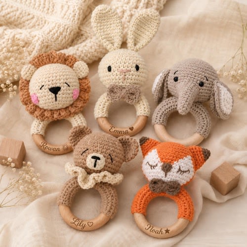 Personalized Baby Rattle, Custom Crochet Baby Toy, Newborn Gift for Baby Shower, Engraved Animal Rattle for Boy Girl, Newborn Keepsake