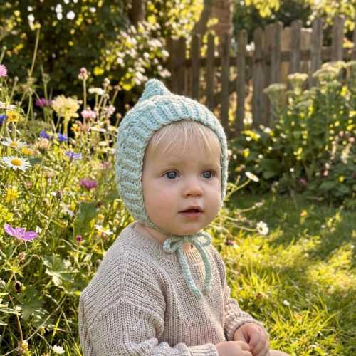 Baby Pixie Bonnet Hat: Secure Tie, Warm Ear Coverage Handmade Crochet Toddler Bonnet - light mint color