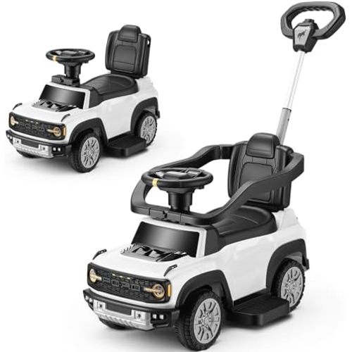 First Ride On Licensed Ford Bronco Raptor Push Car for Toddlers 1-3, 3-in-1 Toddler Push Car w/Adjustable Handle, Safety Rails, Music and Horn, Outdoor Stroller, Toddler Ride on Toy (White)