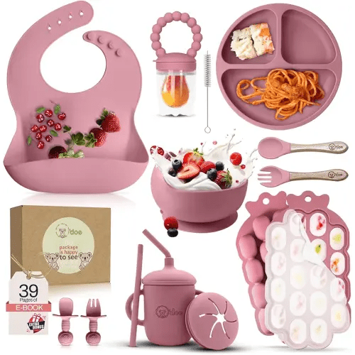 O'doe Baby Weaning Set – 15 Pcs Silicone Baby Feeding Set with Suction Plate, Bowl, Bib, Sippy Cup, Fruit Feeder, Freezer Tray