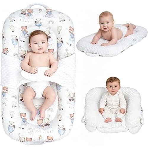 Baby Lounger, 3-in-1 Portable Infant Lounger for Newborns 0-24 Months, Foldable Tummy Time Pillow and Sitting Seat with Removable Cover, Dual-Sided 100% Cotton and Velvet, White Bear