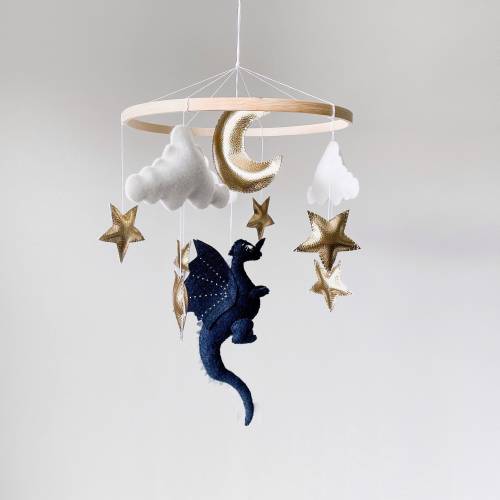 Dragon Baby Mobile: Felt Moon, Stars Nursery Decor
