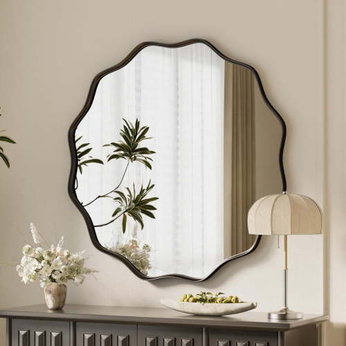 Lumora 24" Round Wavy Aluminum Alloy Frame Circle Mirror,Black