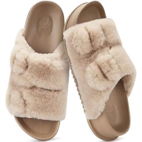 KuaiLu Women's Fluff Slippers Plantar Fasciitis Arch Support Platform Slippers Ladies Fashion Open Toe Faux Fur Sliders Womens House Slipper Size 6-12