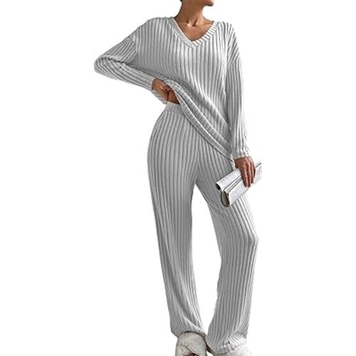 SHEWIN Women's Pajama Sets Long Sleeve Short Sleeve 2 Piece Lounge Sets Ribbed Knit Sweater Sleepwear