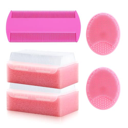 Cradle Cap Brush for Babies, 5Pcs Cradle Cap Treatment Set with Soft Bristle Brushes Silicone Scrubber Fine-Tooth Comb for Newborn Bathing Essentials Baby Brush and Comb Set (Pink)
