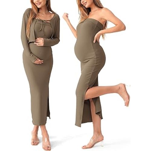 SUNNYBUY Baby Shower Maternity Tube Dress Short Cardigan Bodycon Ribbed Maxi Dress Casual 2 Piece Pregnancy Outfit Set