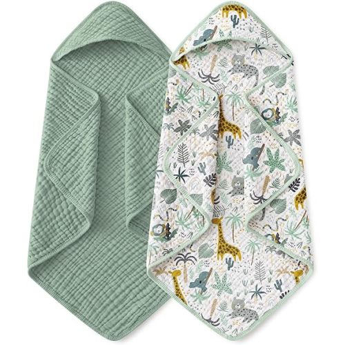 Yoofoss Hooded Baby Towels for Newborn 2 Pack 100% Muslin Organic Cotton Baby Bath Towel with Hood for Babies, Infant, Toddler and Kids, 32x32Inch, Soft and Absorbent Newborn Essential, Green Giraffe