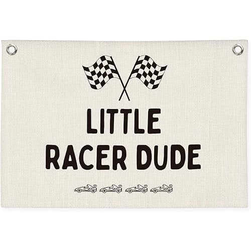 Playroom Decor,Little Racer Dude Canvas Banner,Race Car Room Decor for Boys,Cars Bedroom Decor,Toddler Boy Wall Hanging for Bedroom or Playroom, 30x20 Inch