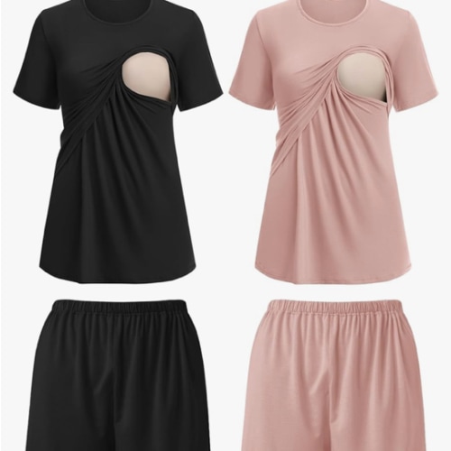 Ekouaer 2 Pack Women's Nursing Pajamas Set Double Layer Maternity Pjs Postpartum Loungewear Set Breastfeeding Tops & Shorts