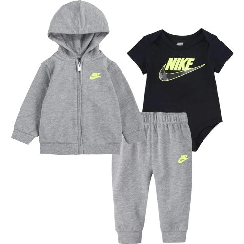 Nike Baby Boys Bodysuit, Full Zip Hoodie & Pants 3 Piece Set (G(56I553-GEH)/B, 3 Months)