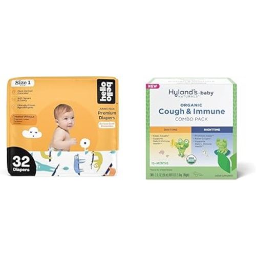 Hello Bello Premium Baby Diapers Size 1, 32 Count of Disposable Comfort Fit Diapers - Design: Sleepy Sloth + Hyland's Baby - Organic Cough & Immune Day & Night Combo Pack (4 fl oz)