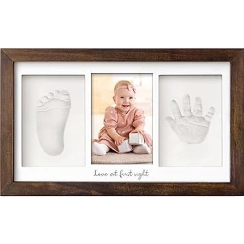 Baby Hand and Footprint Kit - Clay Handprint Keepsake Frame, Newborn Nursery Picture Frame, Personalized New Mom Gifts for Baby Shower & Registry (Dark Walnut)