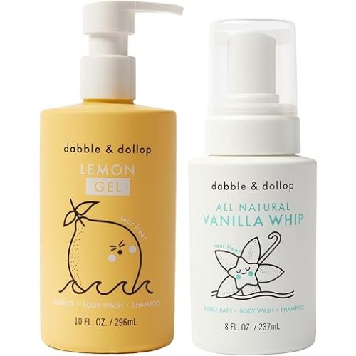 Dabble & Dollop Lemon + Vanilla Body Wash & Shampoo – 3-in-1 Natural Bubble Bath for Kids, No Parabens or Sulfates, Vegan, Gluten-Free, Tear-Free (2-Pack)