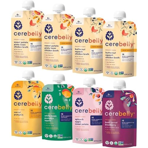 Cerebelly Organic Baby Food Pouches, Veggie & Bone Broth Purees, 16 Nutrients, No Added Sugar, Non-GMO, Toddler Snacks, 6 Flavors, 4oz, 8 Pack