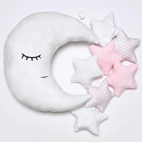 Perfectto Design Kid’s Moon Decorative Pillow, Stars Garland for Girls Toddler Room - Fluffy Moon, Stars Wall Decor, Soft Cute Throw Pillow for Bed, Bedroom Boho Teepee Ornament Decoration
