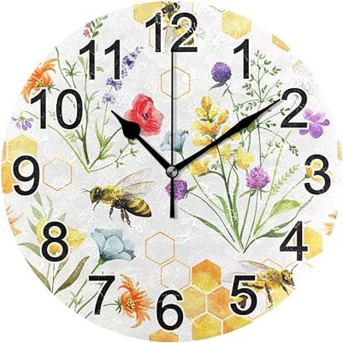 Wildflowers and Bees Wall Clock Non Ticking Silent Kitchen Clock Large Decorative Battery Operated Clocks 10 inch for Living Room Bedroom Decor