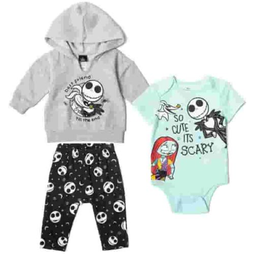 Disney Nightmare Before Christmas Jack Skellington Sally Zero Fleece Pullover Hoodie Bodysuit and Pants 3 Piece Outfit Set Newborn to Infant