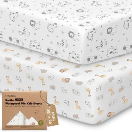 KeaBabies 2pk Soothe Waterproof Fitted Mini Crib Sheets for Girl, Boy, 100% Organic Soft Cotton Pack and Play Sheets (KeaSafari)